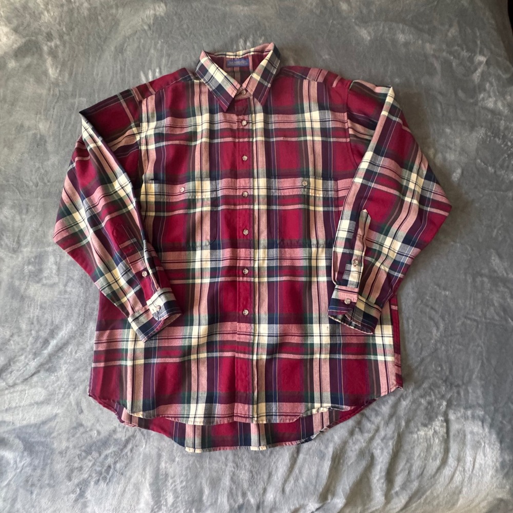 Sir Pendleton Mens XL Plaid Wool Button Down Shirt Burgundy Made in USA Flannel